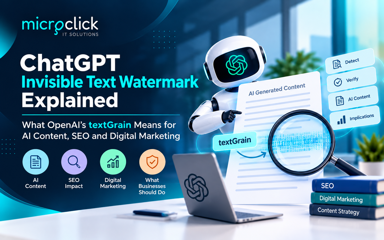 ChatGPT invisible watermark impact on SEO and digital marketing — MicroClick textGrain illustration